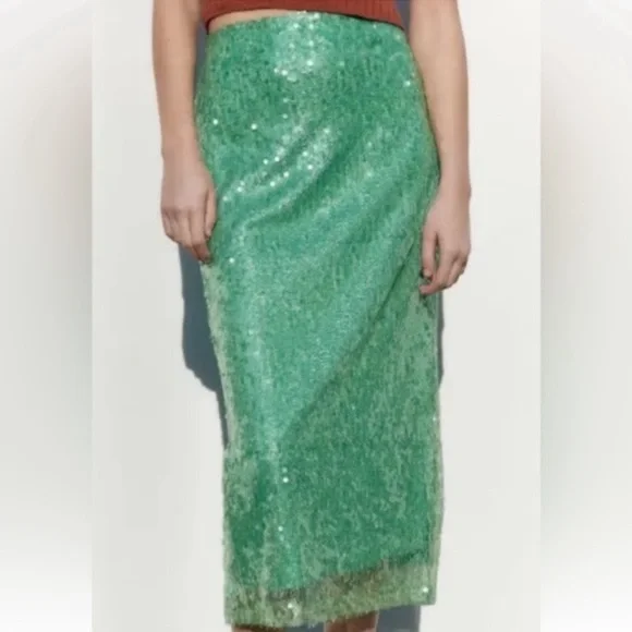 ZARA Sea Green Sequin Lace Pencil Skirt - Picture 2 of 16